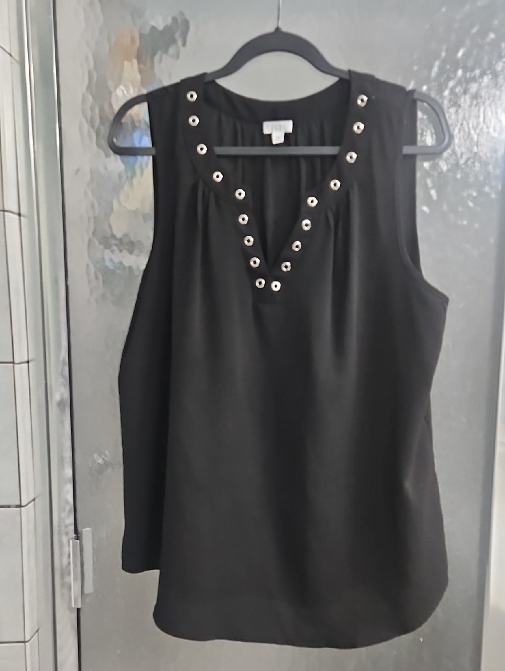 Spense Black Sleeveless V-Neck Grommet Trim Top